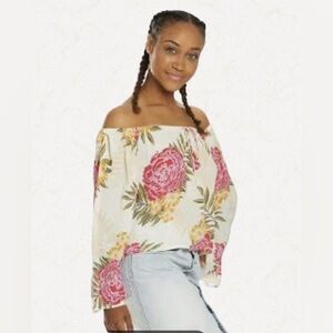 Billabong Light It Up Floral Off Shoulder Crop Top Boho Rayon Blouse Size S